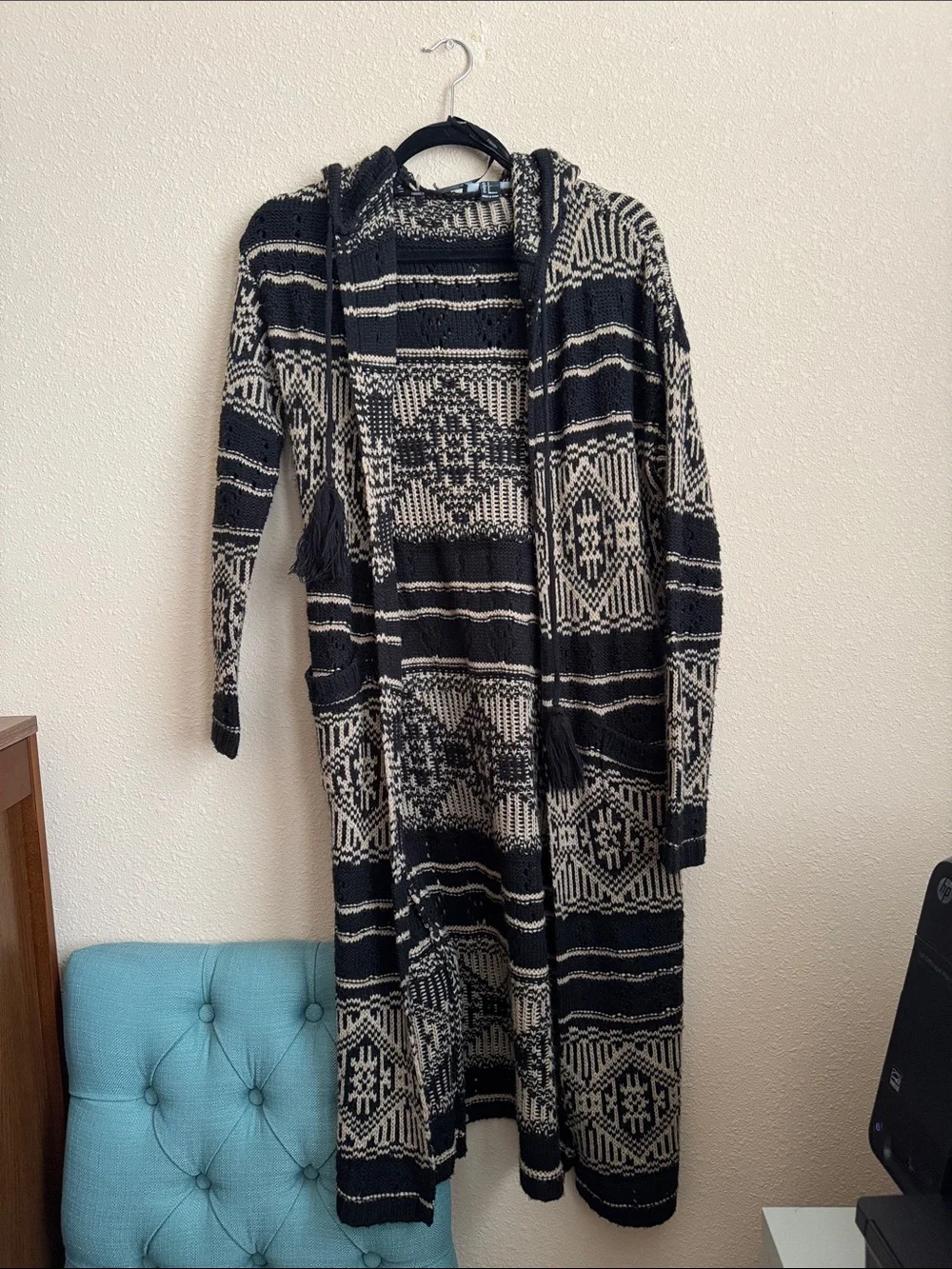 Hooded Aztec Knit Duster Cardigan